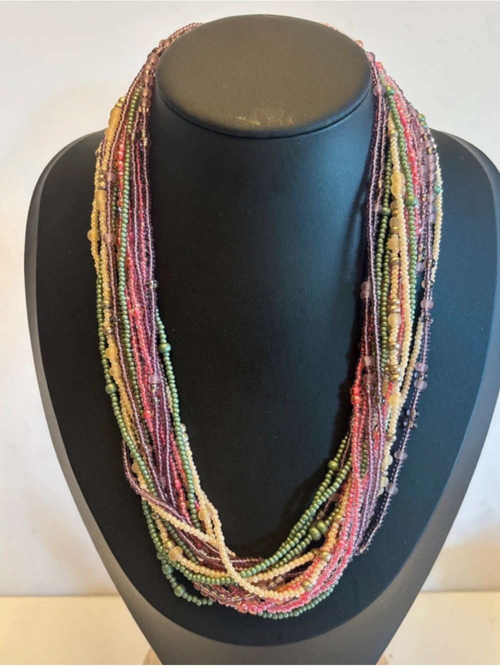 Vintage 16 Strand Waterfall Seed Bead Necklace - 19" Earthy Pastels Boho